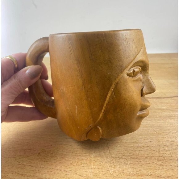 Boho Hand Carved Wooden Mug With Face Design & Handle Tiki Phillipines Boho - Picture 6 of 6